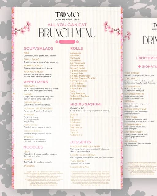 The Tomo all-you-can-eat brunch menu and drinks list