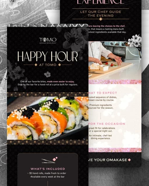Happy hour and omakase pieces for the Tomo feed