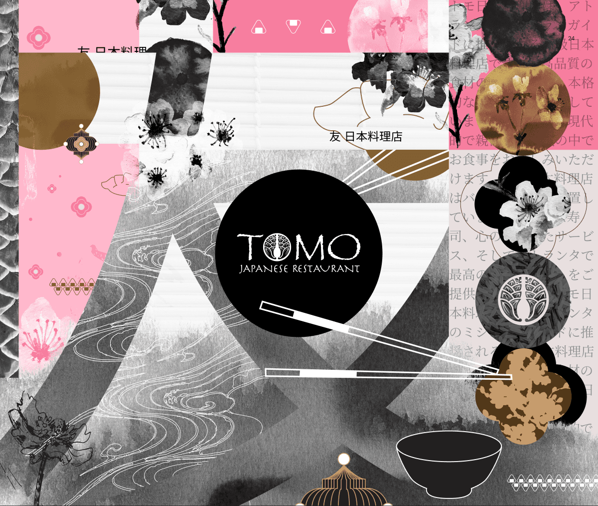 The Tomo brand world: logo, sakura motifs, ink washes, Japanese type and the palette in context