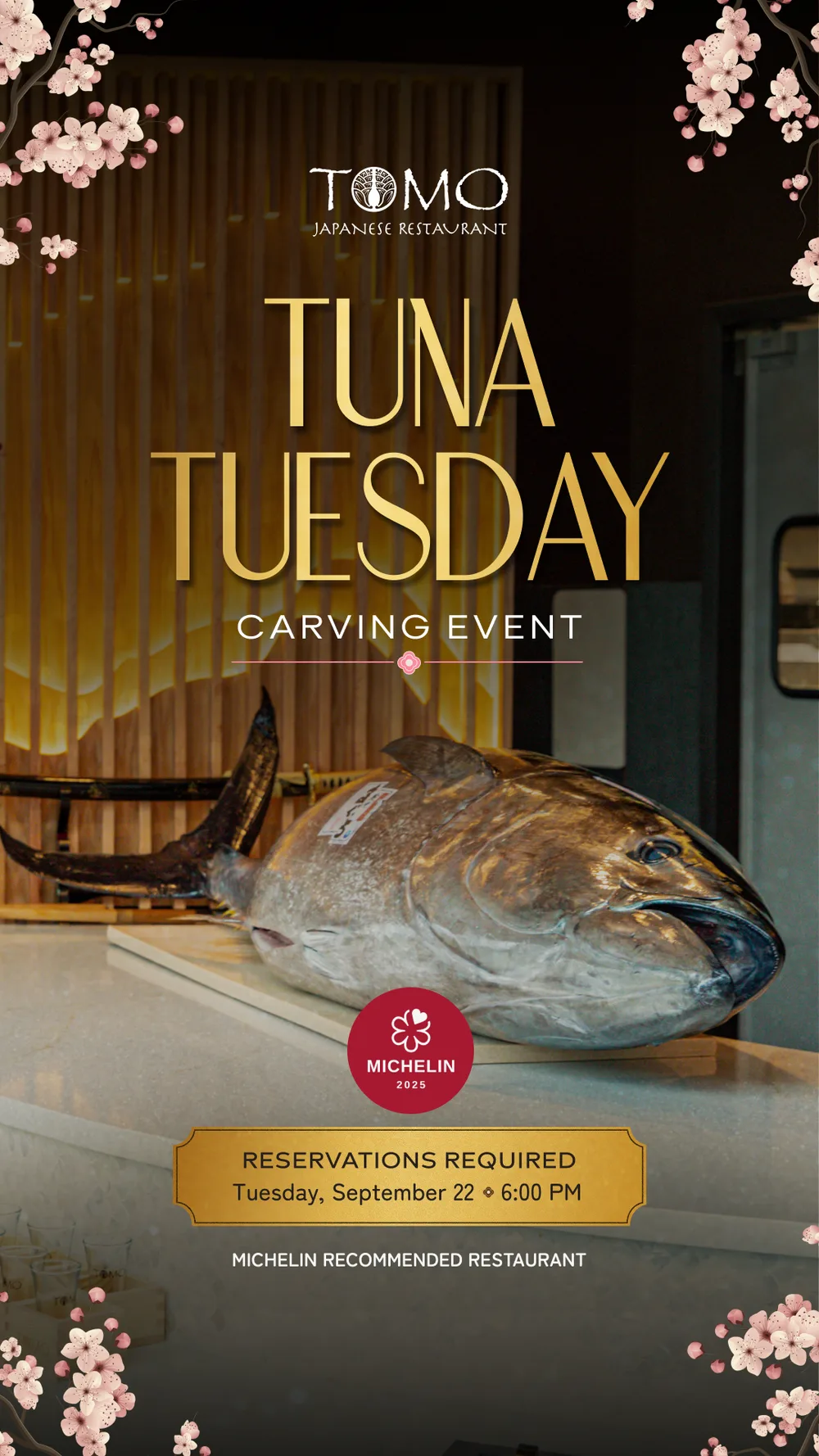 Tuna Tuesday flyer with the whole bluefin before the carving