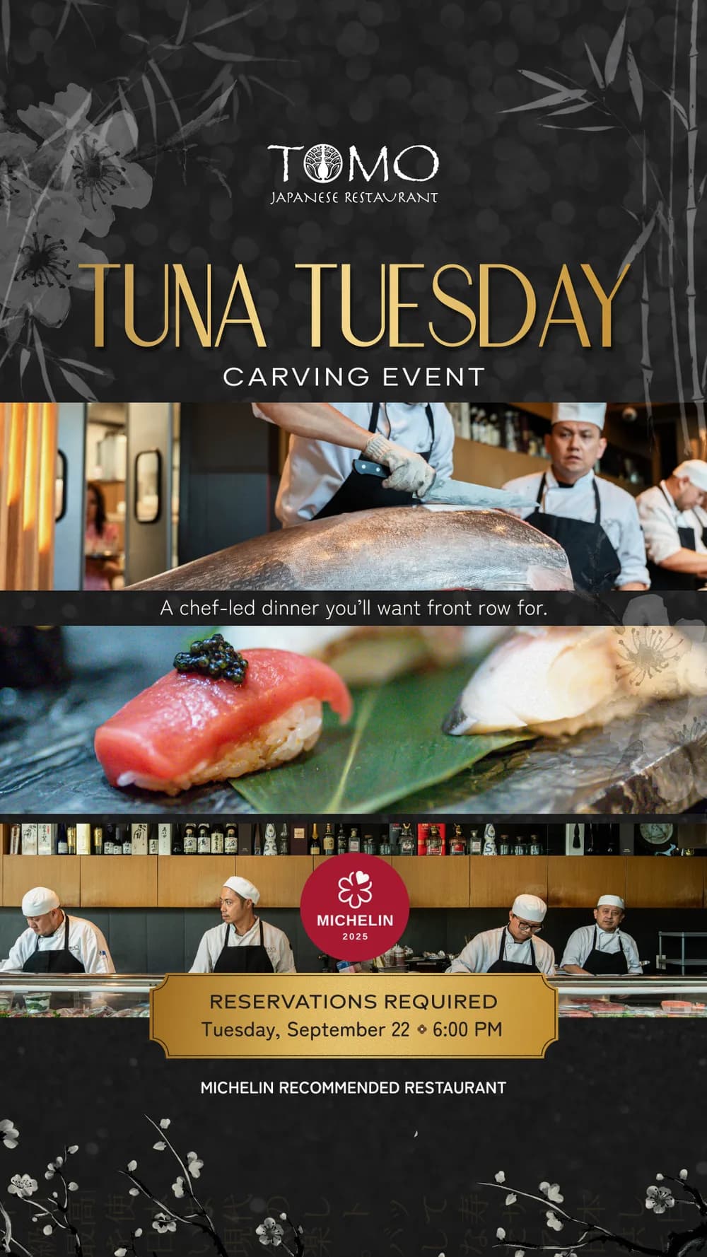 Tuna Tuesday flyer with the chefs plating nigiri behind the counter