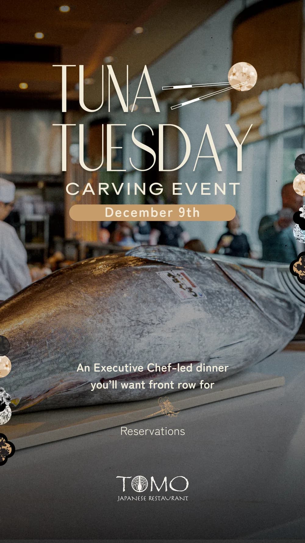 Tuna Tuesday flyer with the bluefin shot close on the counter
