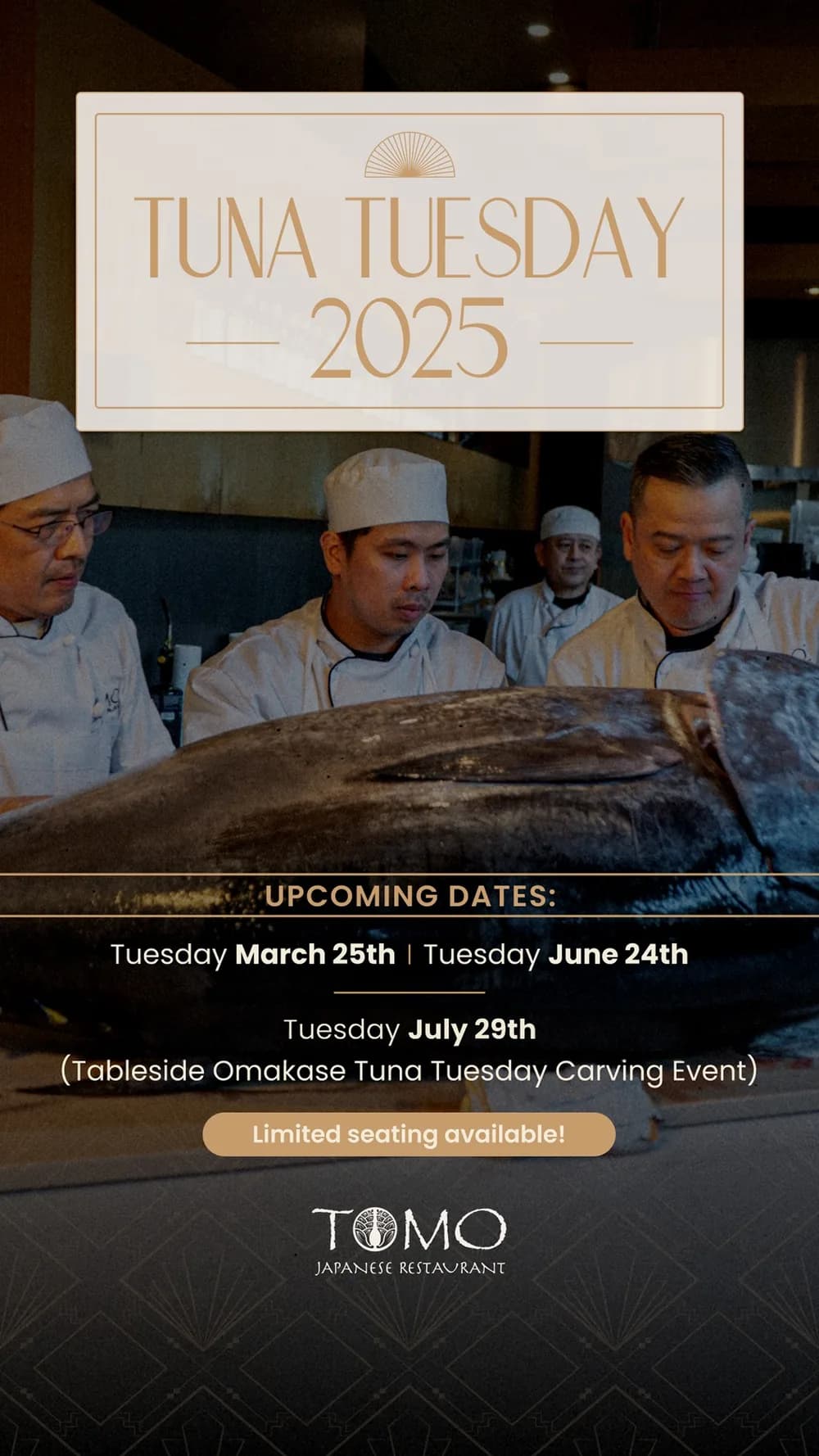 Tuna Tuesday flyer with the chefs gathered around the whole tuna