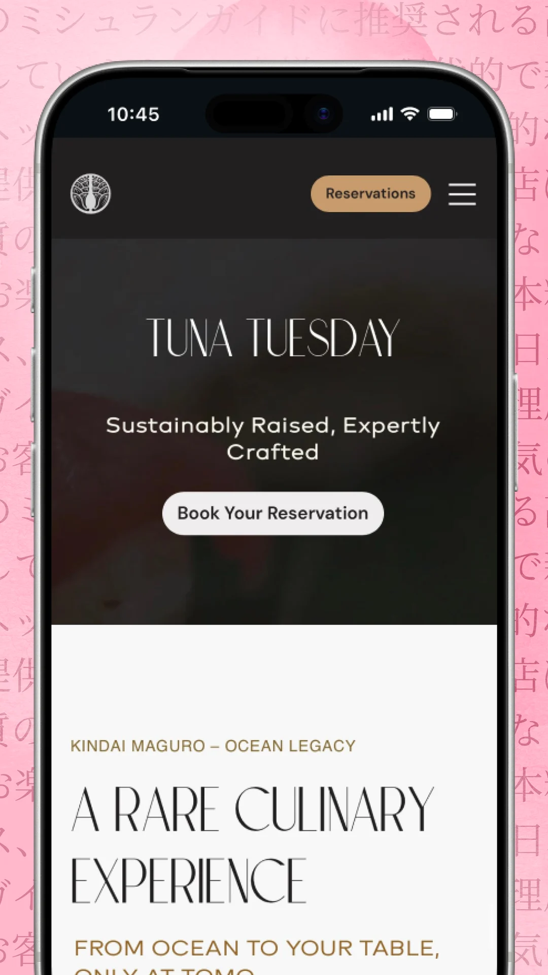 The dedicated Tuna Tuesday page on the Tomo website, with its own booking button