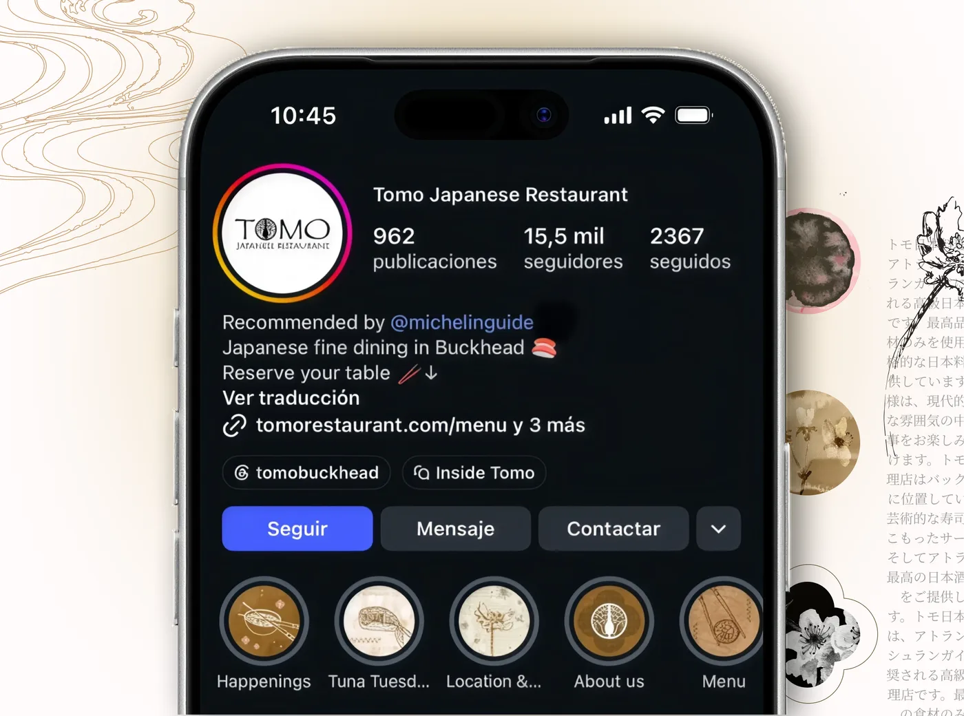 The @tomobuckhead Instagram profile on a phone — 962 posts, over 15,400 followers, Japanese fine dining in Buckhead