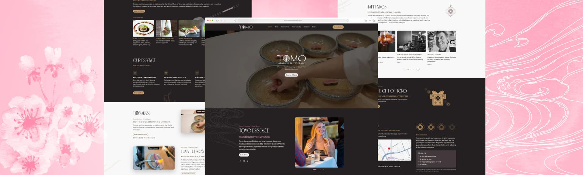 The Tomo Japanese website laid out in full: the homepage, the chef's dishes, the omakase and Tuna Tuesday pages, the events calendar and the gift cards