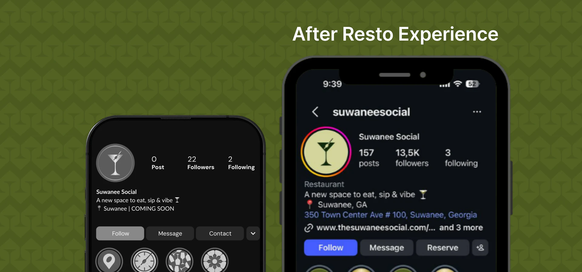 The Suwanee Social Instagram profile before launch, with no posts and 22 followers, next to the profile after working with Resto Experience, showing 157 posts and 13.5K followers