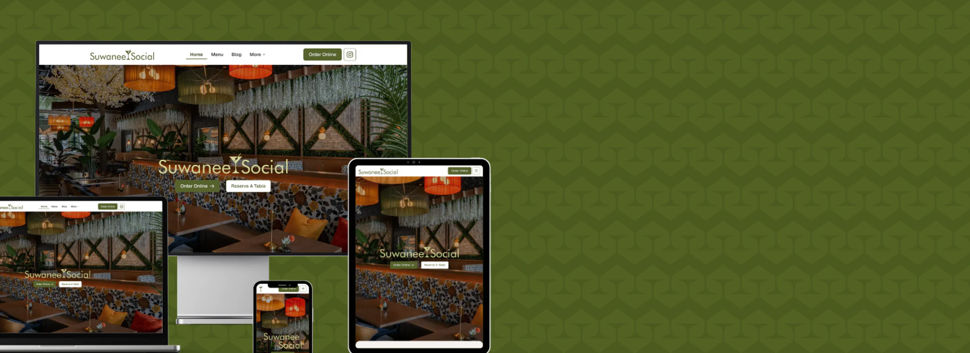 The Suwanee Social website shown on a desktop, a laptop, a tablet and a phone